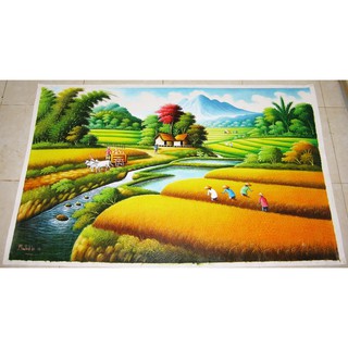 Lukisan Panen Padi / Pemandangan / Sawah Ukuran 135 X 85 Cm | Shopee