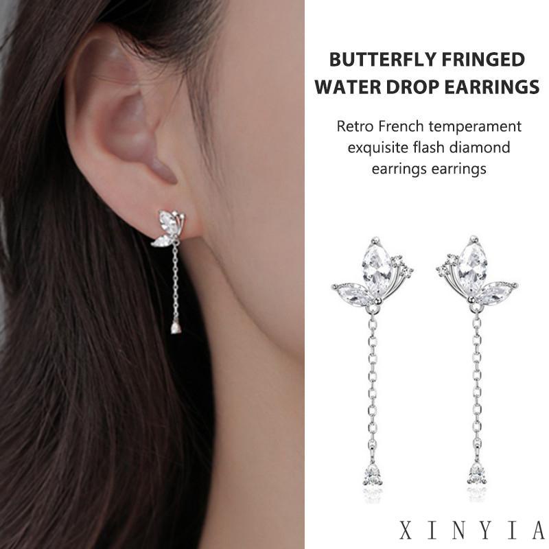 Butterfly Anting Rumbai Kupu-Kupu Aksen Berlian Imitasi Gaya Retro