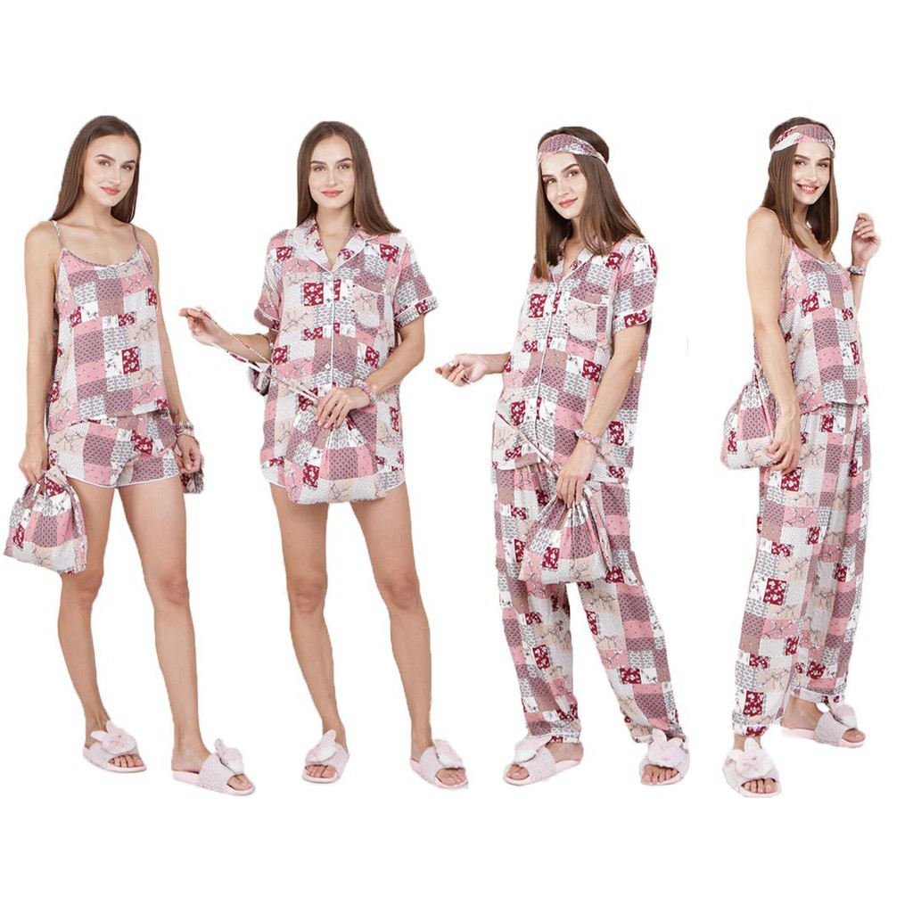 SET PIYAMA SATEN PREMIUM 7IN1 & RAYON 7IN1 READY STOK Kyoro Beauty 7 in 1 - celline-RUKA DUSTYPINK