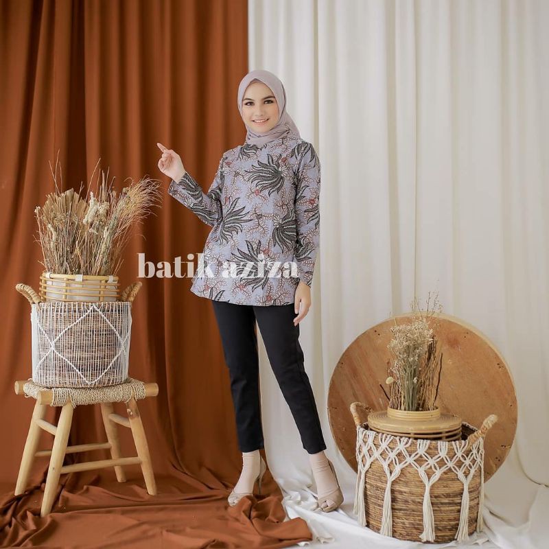 Blouse Batik Wanita Lengan Panjang Motif Kenongo Abu by batik aziza