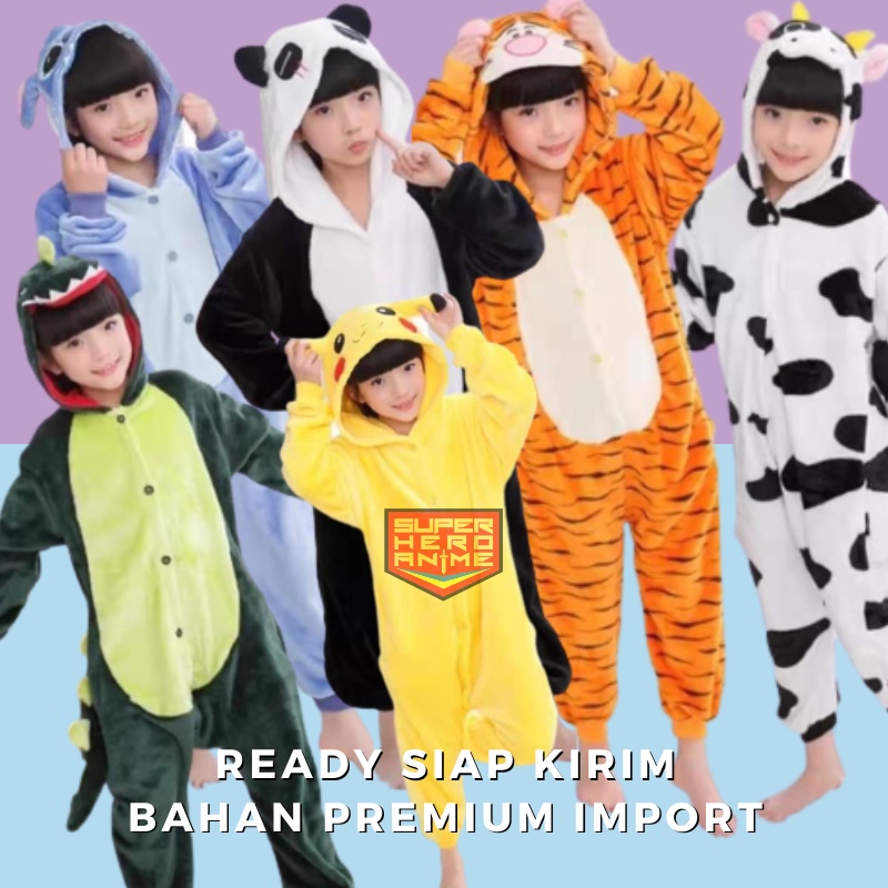 Onesie Anak Perempuan Laki Laki Dino Sapi Pikachu Tiger Stitch Panda Baju Tidur Kostum Karakter Animal Lucu Import