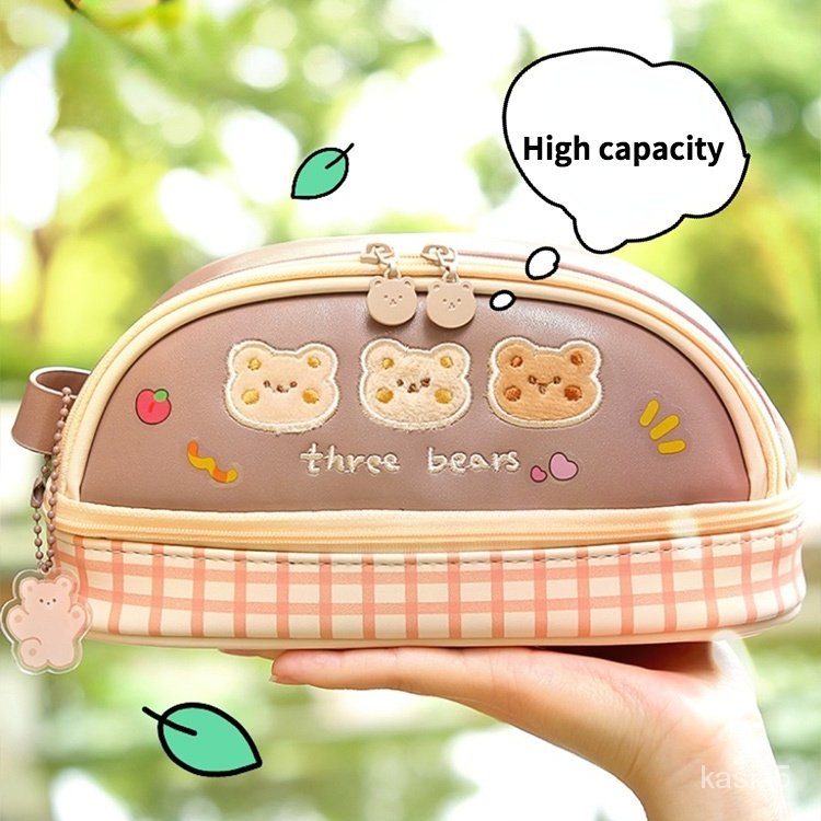 

Bear High Capacity Two-layer PU Leather Pencil Case Japanese Student Stationery Kawaii School Suppli