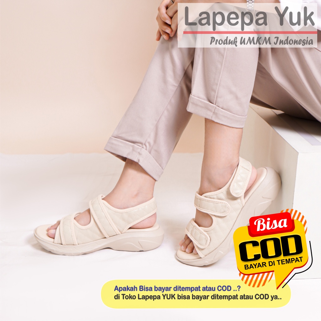 LAPEPA YUK -  Sepatu Sandal Wanita Casual Wedges ZAHRA Model Ban dua Strap Tali belakang Hak Tinggi Sole 4 cm Sendal Gunung Gladiator Korean Style Kasual Size 36 37 38 39 40 Warna Cream Krem Soft Terbaru Shoes Ori Original Mall Official Store