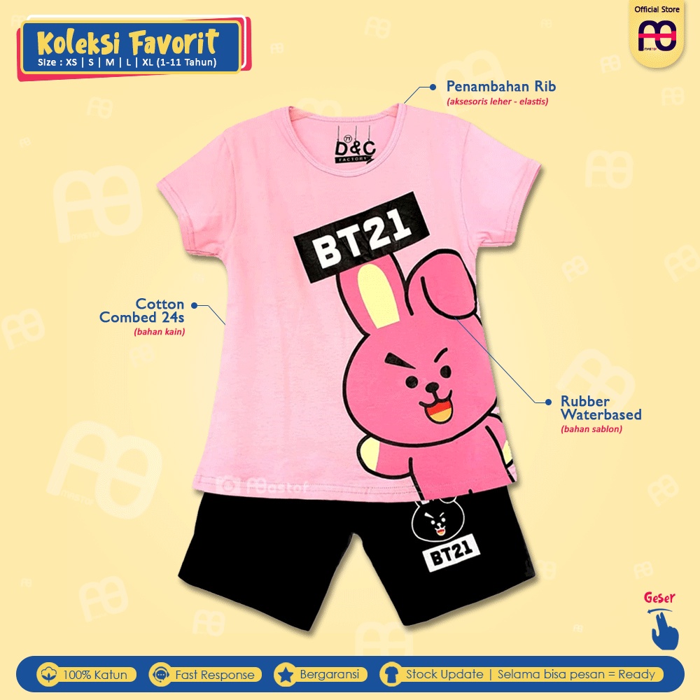 Setelan Anak Perempuan Mastof D Series 1 - 11 Tahun Baju Anak Edisi Favorit 2-BT21 Pink