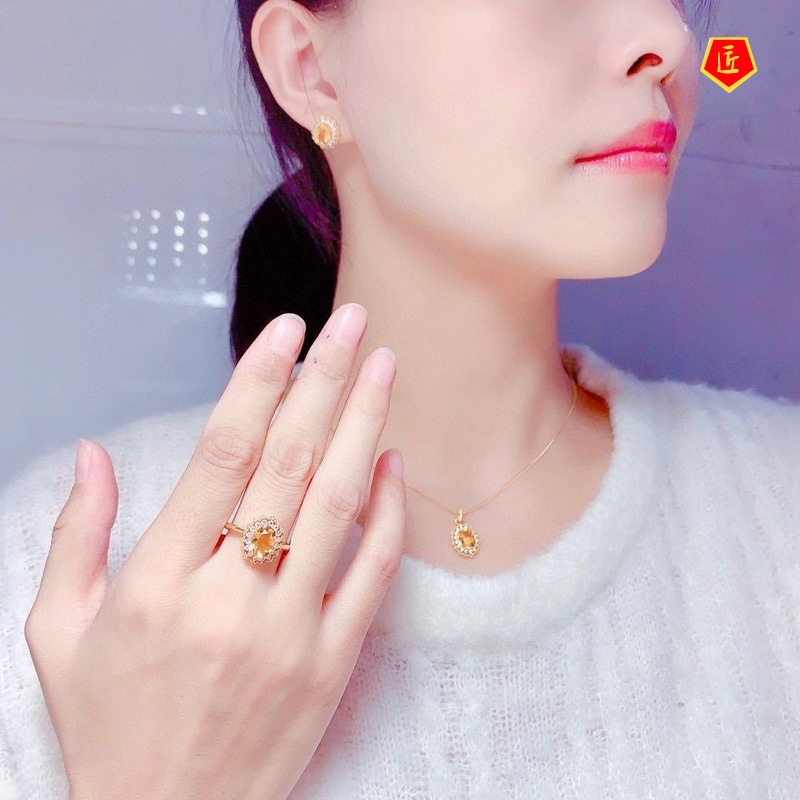 [Ready Stock]Lucky Citrine Pendant Set Full Diamond Rings Ear Studs