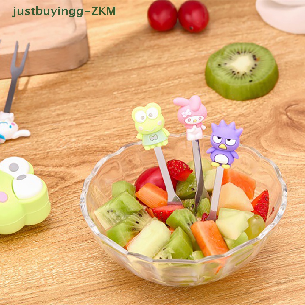 5pcs / Set Garpu Buah Dessert Bahan Stainless Steel Motif Kartun Dengan Holder