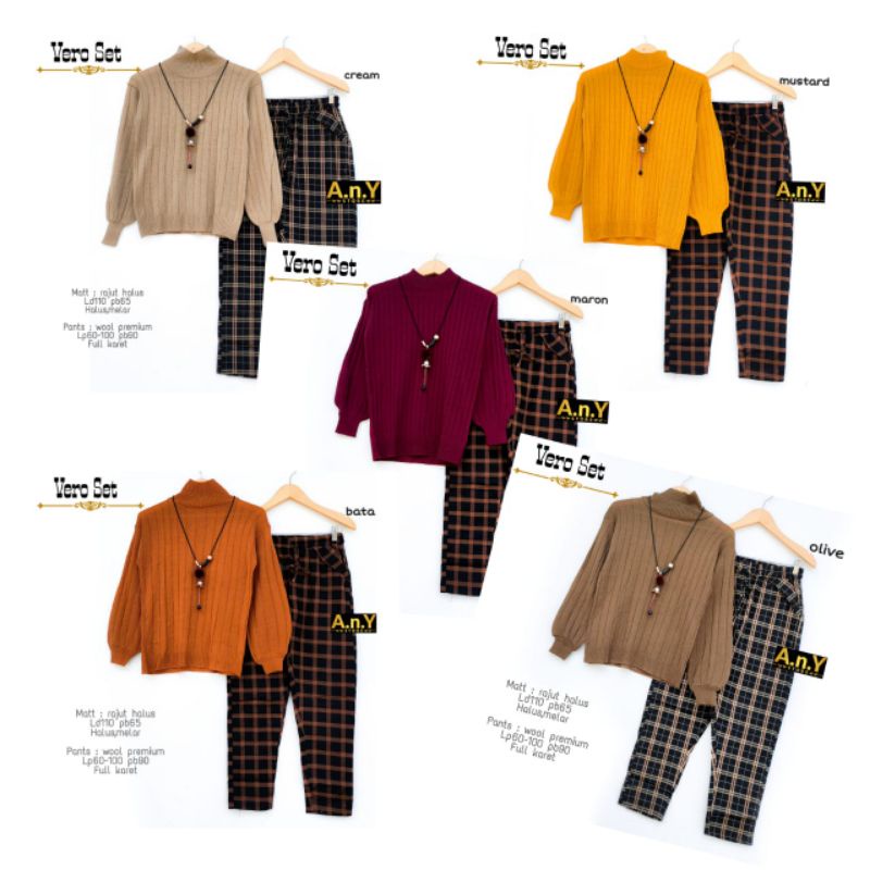 SET SWEATER RAJUT TURTLE NECK + CELANA TARTAN VERO SET BY A.N.Y