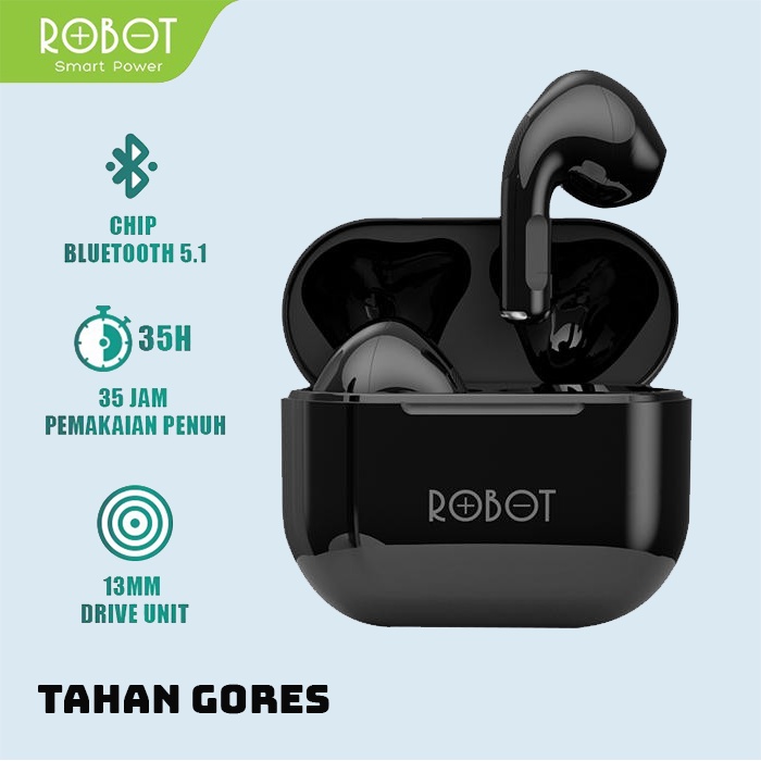 Robot T50 Smart Touch Wireless Earphone Tws Bluetooth Headset Airbuds Iphone Android-HITAM