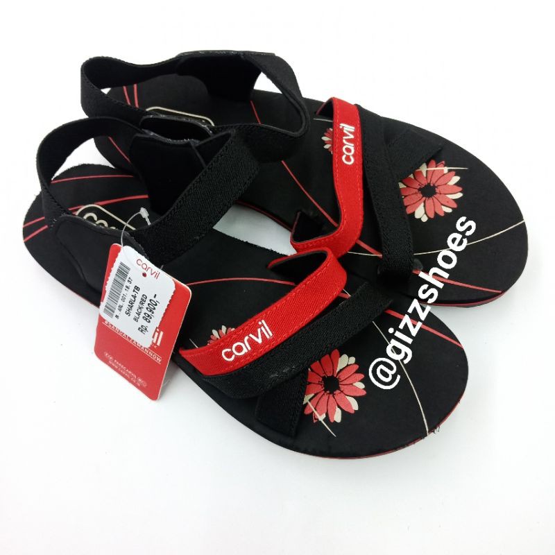 Sandal Gunung Sepatu Sandal Tali Wanita Perempuan Cewe Carvil Sharla Hitam Merah Flower Floral Bunga