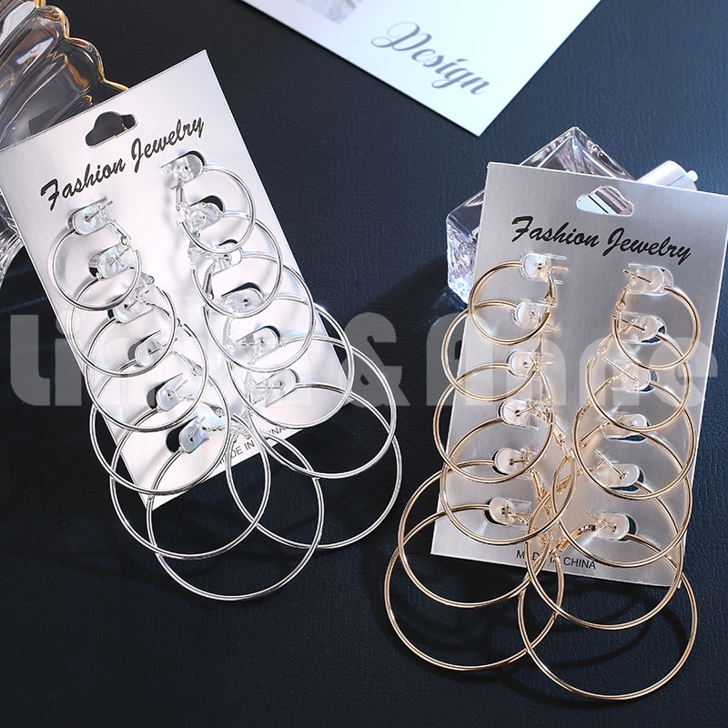 6Pasang/Set Anting Hoop/Bulat Ukuran Kecil Ke Besar Fashion Wanita Korea Aksesoris Murah