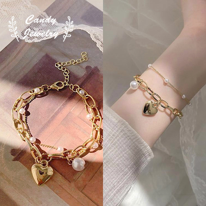 Gelang Persahabatan Double Layer Aksen Hati Mutiara Untuk Wanita