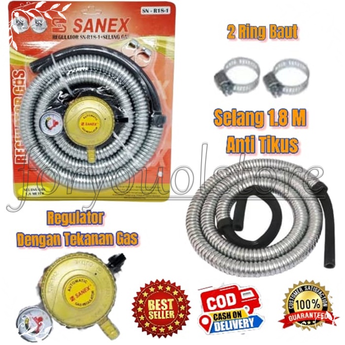 Sanex Paket Selang Flexi 1.8 meter + Regulator Meter /Regulator Kompor Gas / Selang Kompor Gas / Selang Lapisan Anti Bocor /Selang Dan Regulator Kompor Gas / Selang Gas ( Paket Meteran ) + Regulator Gas