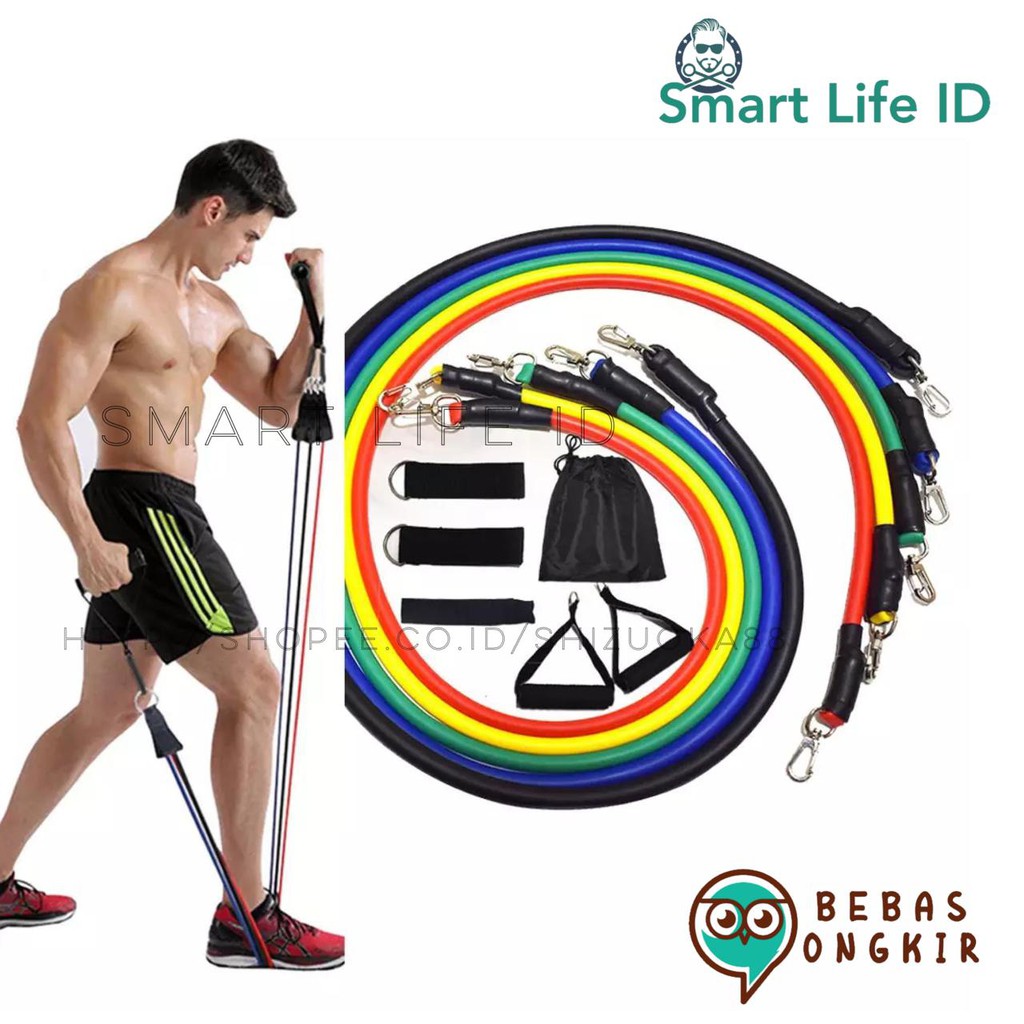 Power Resistance Band 11 Pcs Home Set Tali Tarik Karet Gym Yoga Fitness Alat Olahraga Chest Expander