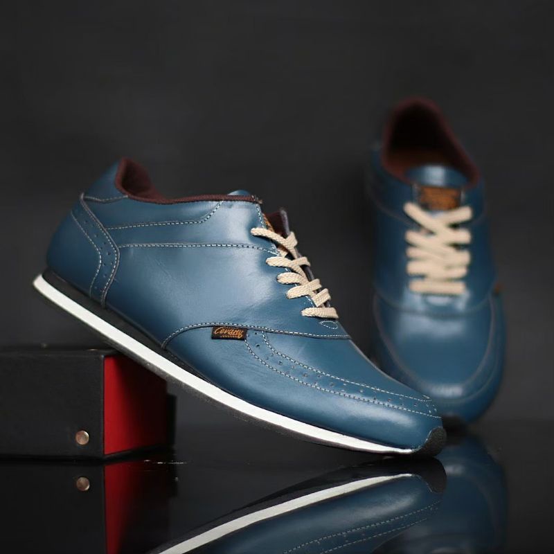 EZRA NAVY -Sepatu Casual Kasual Sneakers Pria Kulit Asli/Cowok/Men Lokal Ori Original Footwear