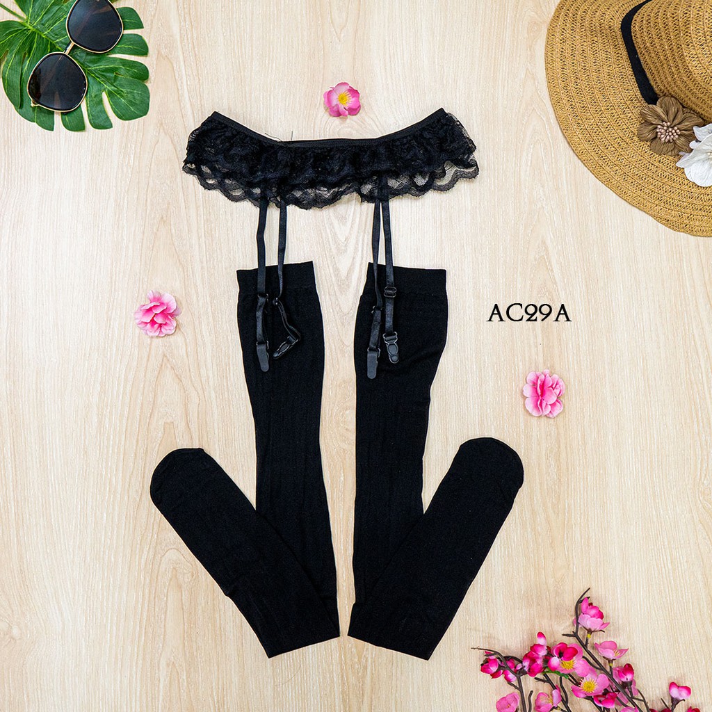 [PRODUK TERLARIS] STOCKING SEXY LACE + SABUK PAHA GARTER BELT HITAM AC29A