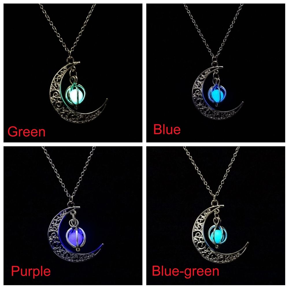 Kalung Liontin Bulan Dan Labu Luminous Glow In The Dark Multicolor Lapis Silver Untuk Unisex