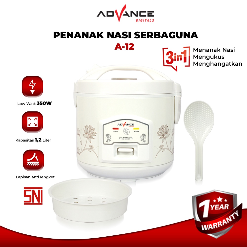 Advance Digitals A-12 Rice Cooker Penanak Nasi Serbaguna 1.2L 3 in 1 Magic Com Garansi Resmi 1 Tahun