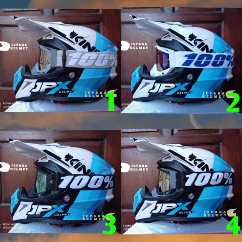 Helm JPX Cross Fox1 Motif X37 King White Putih Blue Biru Gloss plus Kacamata goggle google 100 | Hel