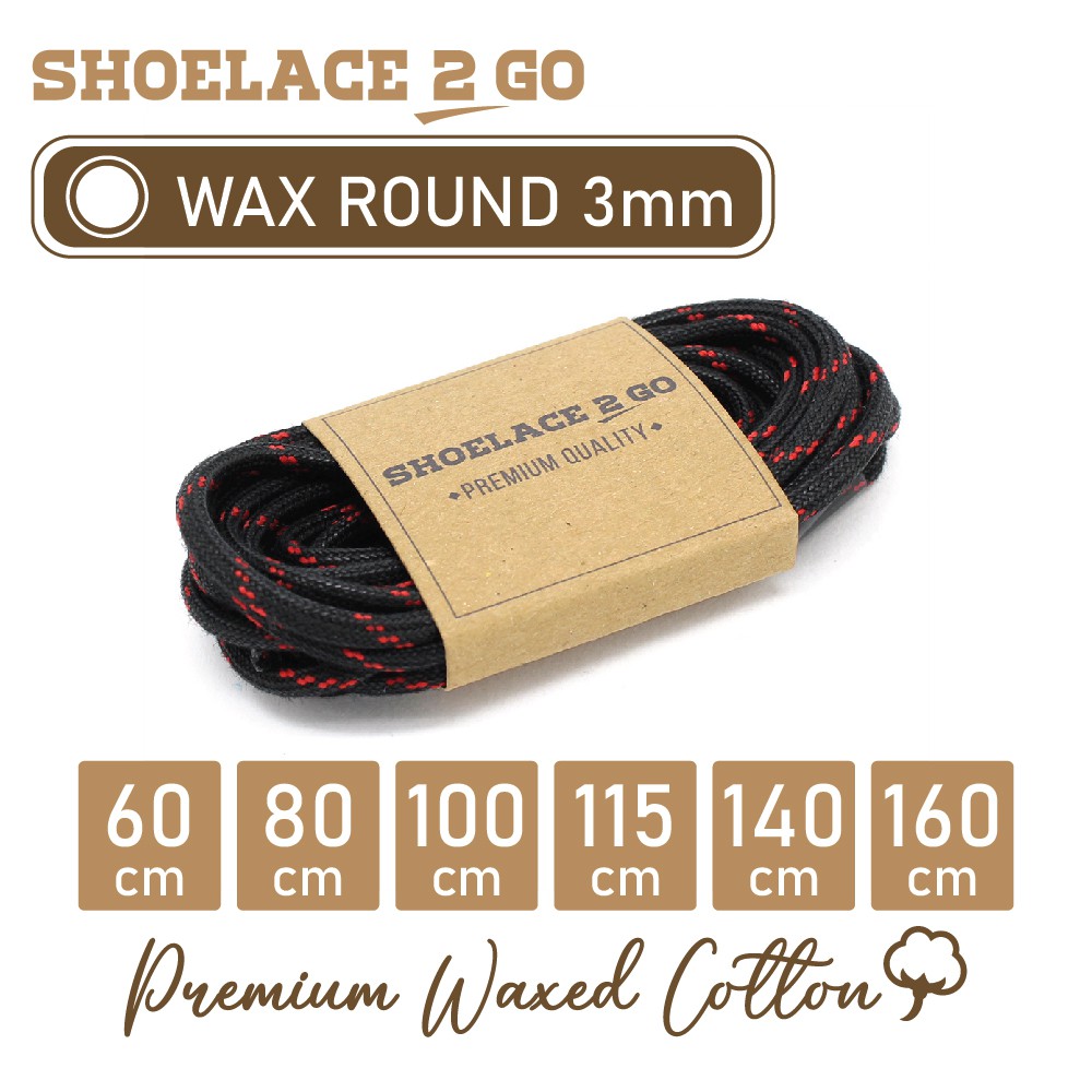 SHOELACE 2 GO PREMIUM TALI SEPATU LILIN WAX BULAT ROUND - WR3 - M2 - BLACK &amp; RED STRIPE - 3MM - 60CM 80CM 100CM 115CM 140CM 160CM