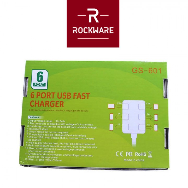 ROCKWARE GS-601 - 6-port USB Fast Charger with Dust Cover