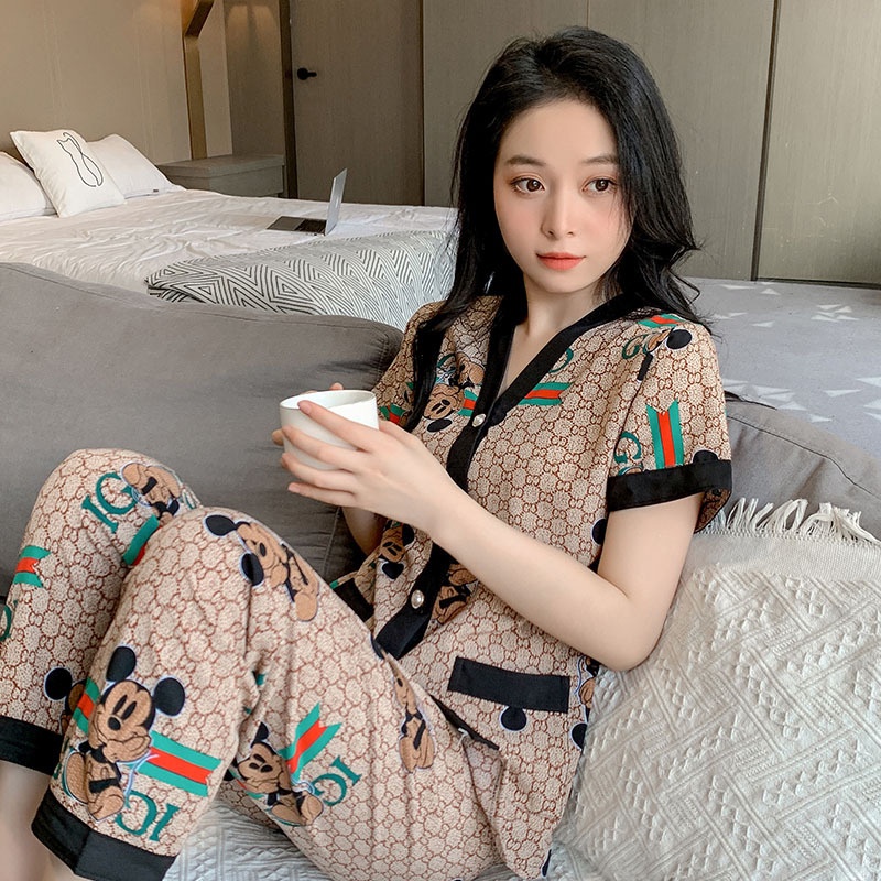 Piyama Wanita Dewasa Model Kancing Depan Mewah Lengan Pendek Celana Panjang Import High Quality Sleepwear