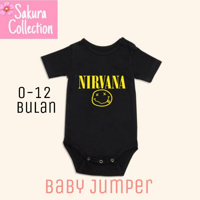 Kaos baju bayi jumper baby kids pendek band NIRVANA 2 punk rock metal logo tulisan usia 0 1 2 3 4 5 6 7 8 9 10 11 12 bulan sampai umur 1 tahun adem jumpsuit babysuit romper bodysuit little anak kecil hitam style laki laki perempuan unisex nyaman lembut