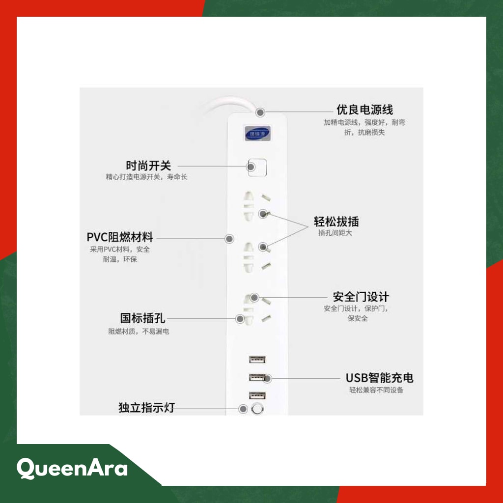 JRDQ Powerstrip 3 USB Port + 3 Electric Plug dengan LED Indikato