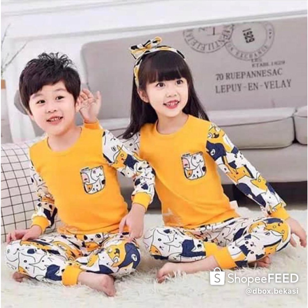 SETELAN ANAK PIYAMA KAOS LAKI LAKI DAN PEREMPUAN SETELAN PIYAMA KAOS KUCING KUNING 1-5 TAHUN