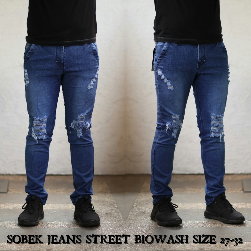 Celana Jeans Pria Skinny Biker Motor Ripped Knee Rips Sobek Robek Black Denim Streact Berkualitas S0