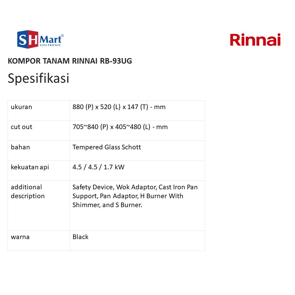 Kompor Gas Tanam 3 Tungku Rinnai RB 93UG / RB93UG (MEDAN)