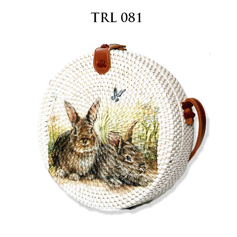 

Grosir Tas Rotan Bali Lukis Decoupage TRL081 Motif Kelinci Diameter 20cm