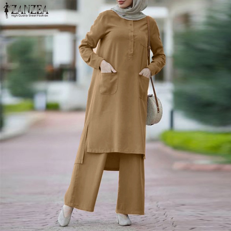 ZANZEA Women Casual Long Sleeve Elastic Waist Front Pockets Muslim Set