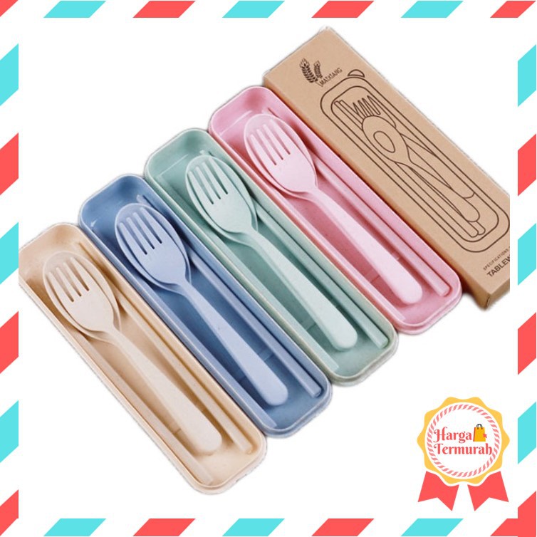 Harga Termurah - H515 Sendok Set Garpu Sumpit + Kotak Bahan Jerami / Sendok Set 3 in 1 / Perlengkapa