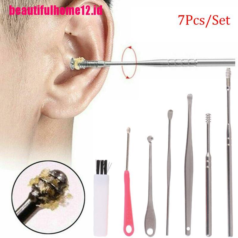 【beautifulhome12.id】7Pcs/Set Stainless Steel Ear Pick Curette Wax Earpick Scoop Remover Cleaner Tool