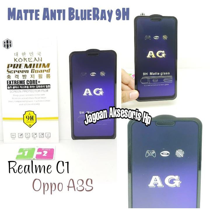 MATTE Blue Ray 9H Oppo A3S Realme C1 6.2 inch Tempered Glass FULL GLUE NO Sidik Jari ANTI RADIASI