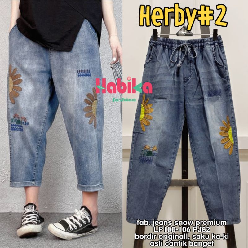 Flow Baggy Pants Jumbo Variasi Bordir Bunga Matahari Saku Samping Bahan Jeans