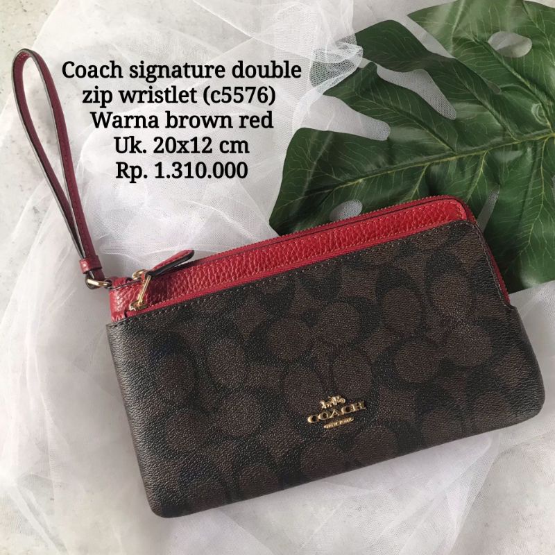 Coach Signature Double Zip Wristlet brown red