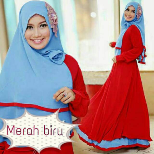 az zahra gamis hijab syari Merah biru busana muslim wanita sakinah