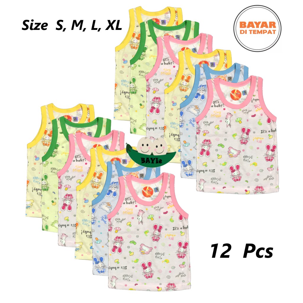 BAYIe - 12 PCS Kaos Singlet/Kutung Bayi/Anak Cewek Perempuan Motif BUNNY AGREE KIDS Size S, M, L, XL