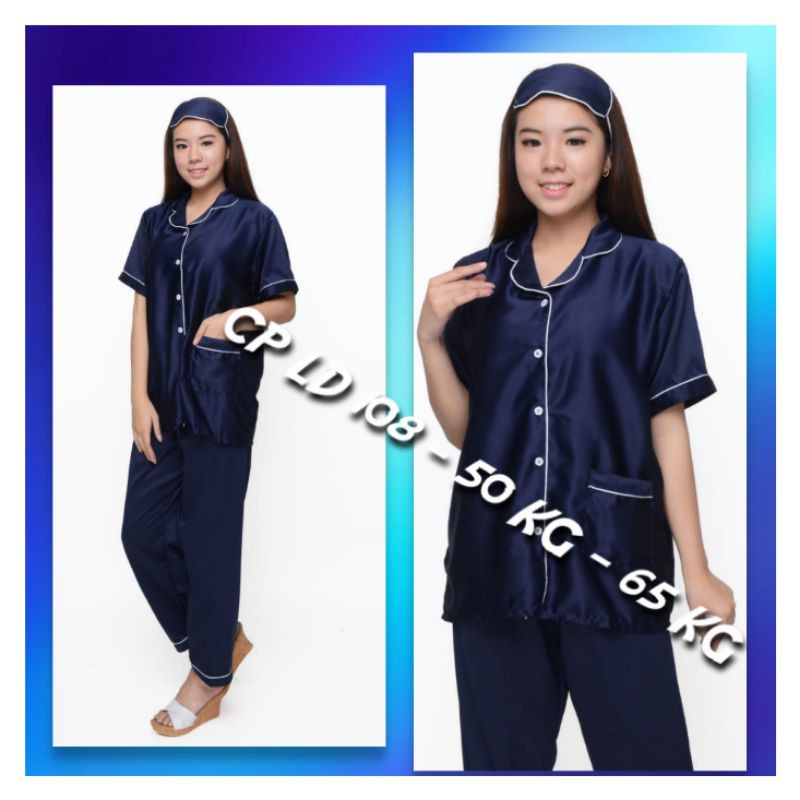 Baju tidur satin polos wanita dewasa setelan celana panjang lengan pendek / Pakaian piyama perempuan