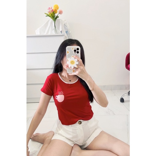 kaos crop list wanita murah , atasan croptop polos leher list logo cuptea wanita import murah