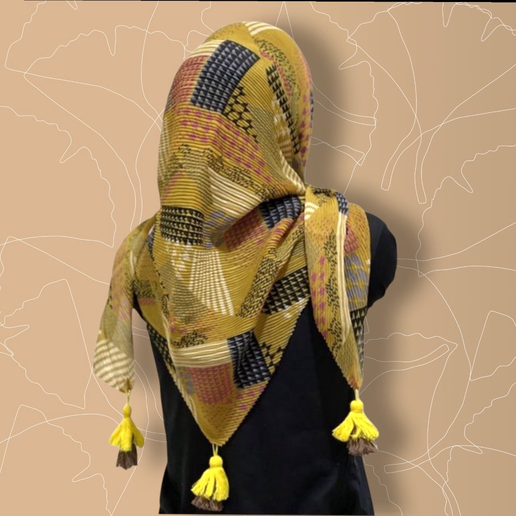 Hijab Segiempat Plisket Jambul Pompom Jilbab Voal Motif Premium