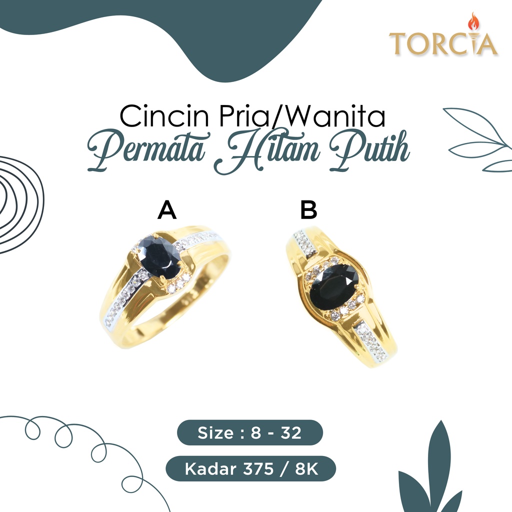 Cincin Pria/Wanita Emas Asli Permata Hitam Putih Kadar 375 Torcia