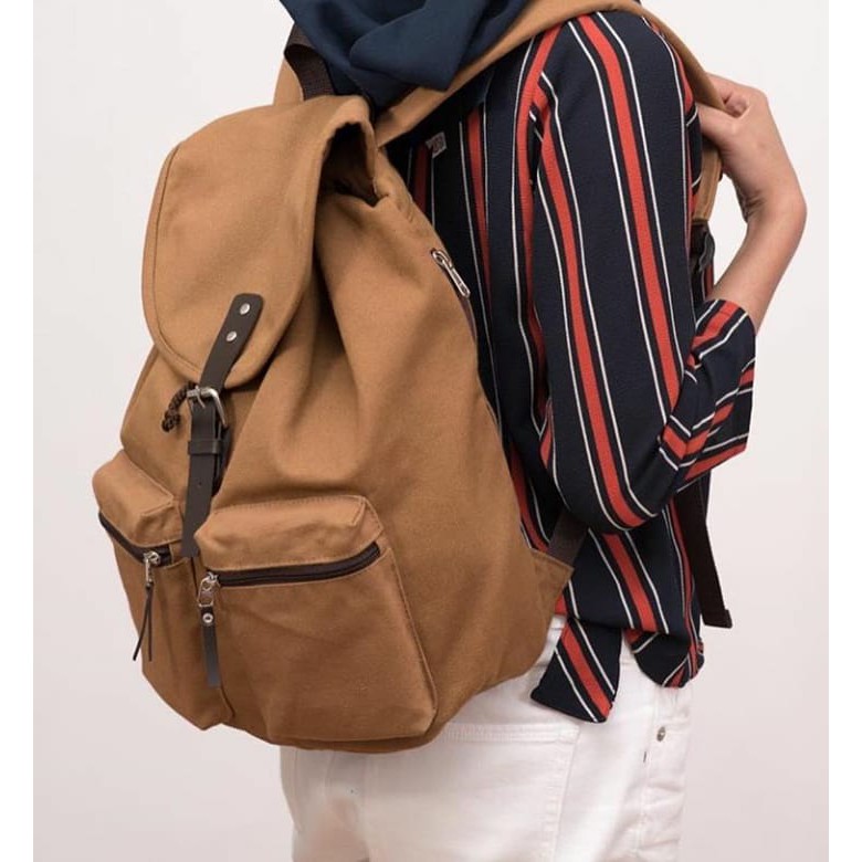 Tas ransel laptop pria wanita kuliah sekolah kerja kanvas heejou backpack travello tan serut vintage retro classic unisex