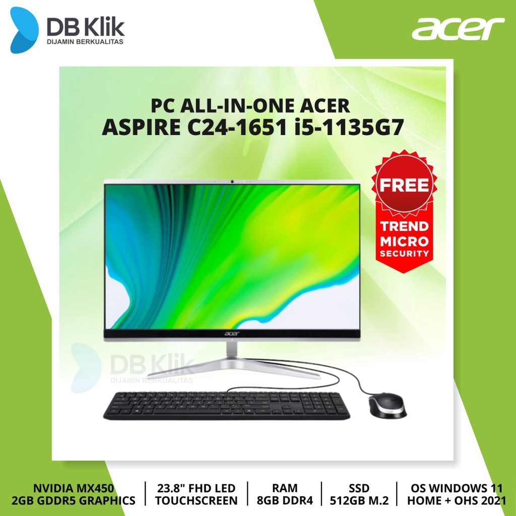 PC AIO ACER Aspire C24-1651 i5-1135G7 8GB 512GB MX450 Windows 11 + OHS 23.8 Inch Touchscreen