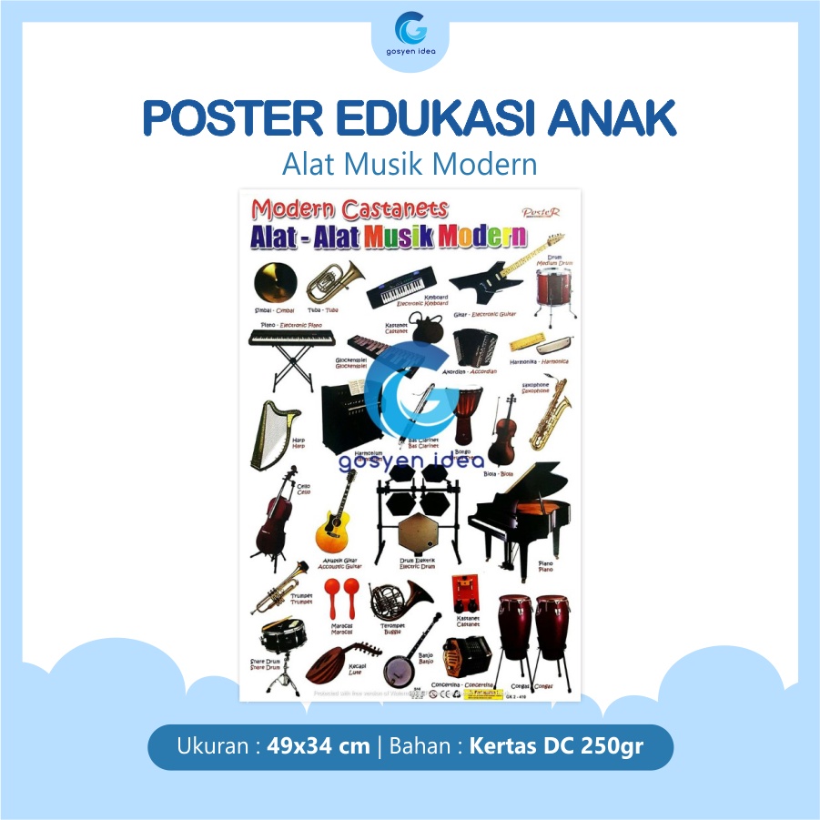 Poster Dinding Pendidikan Edukasi Anak Belajar Gambar Alat Musik Modern
