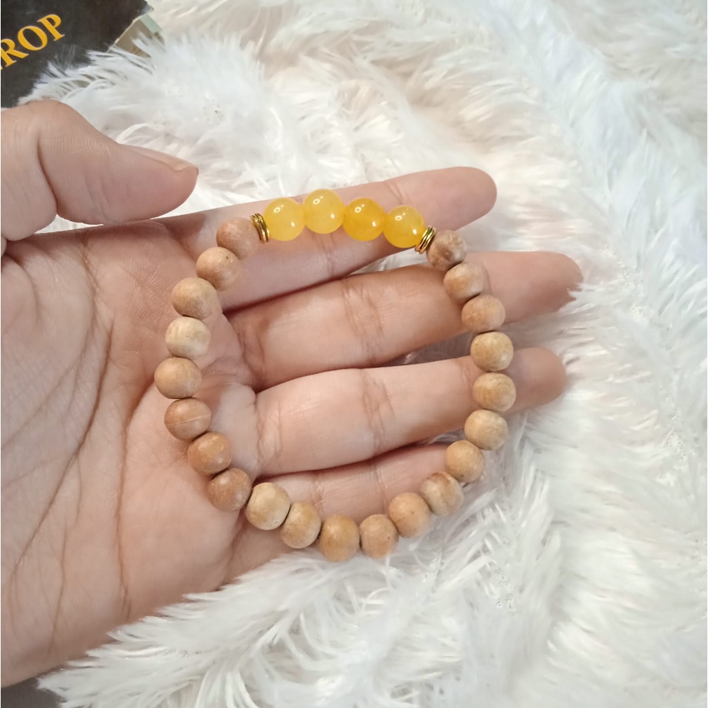 Gelang Batu Original Handmade Kayu Cendana Kombinasi Batu Alam Yellow Jade