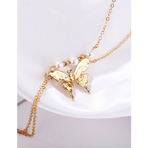 LRC Kalung Fashion Golden Imitation Pearl Butterfly Alloy Double K50060