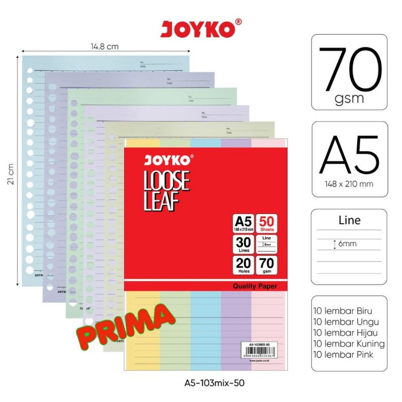 

LOOSE LEAF WARNA-WARNI A5 JOYKO ISI 50 LEMBAR (GARIS)