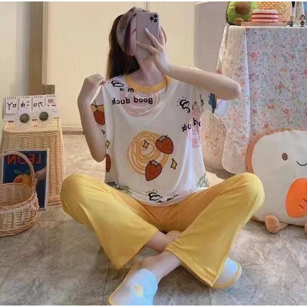 AJW Shop Baju Tidur Piyama Set 50 Motif | Setelan Wanita Import | Baju Tidur Wanita Dewasa | Piyama Wanita-Strawberry Putih